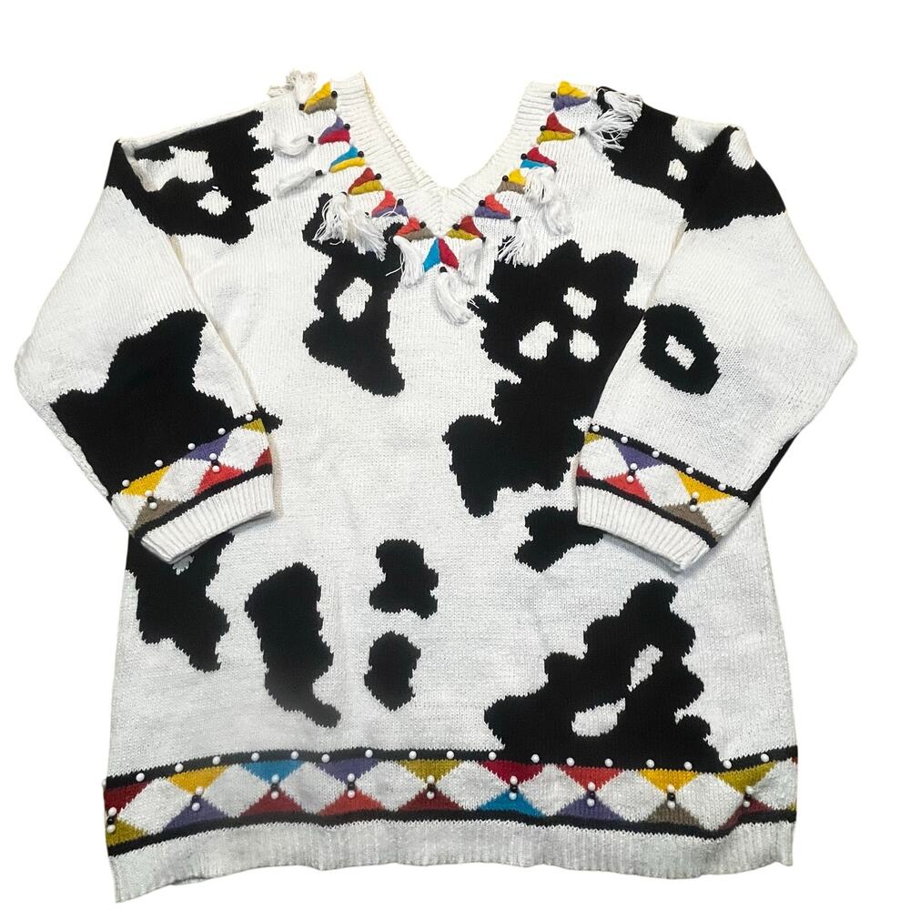 Vintage Women Large Cow Print Sweater‎ Beaded Tassel Western Ranch Pullover
